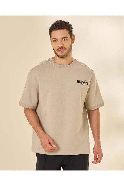 Men Beige Placement Print T Shirt