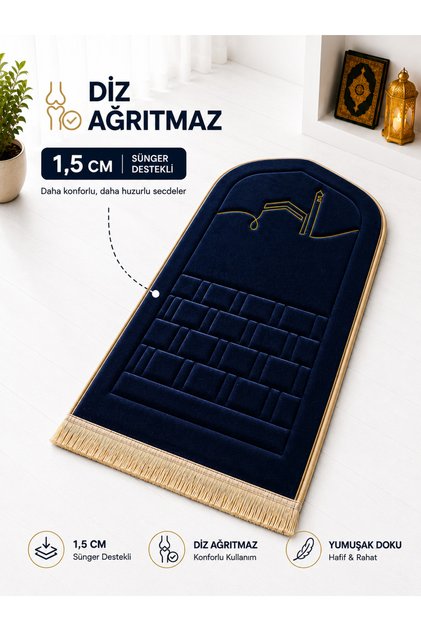 Silk Velvet 1.5 cm Sponge-Filled, Special Embroidered Detail Prayer Mat, Orthopedic Prayer Mat + Bag