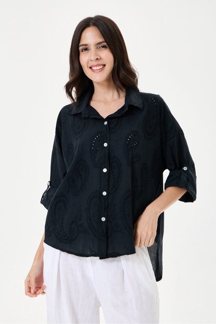 Women's Black Italian Shawl Pattern Scalloped Folded Long Sleeve Oversize Shirt 40 - 46 Size