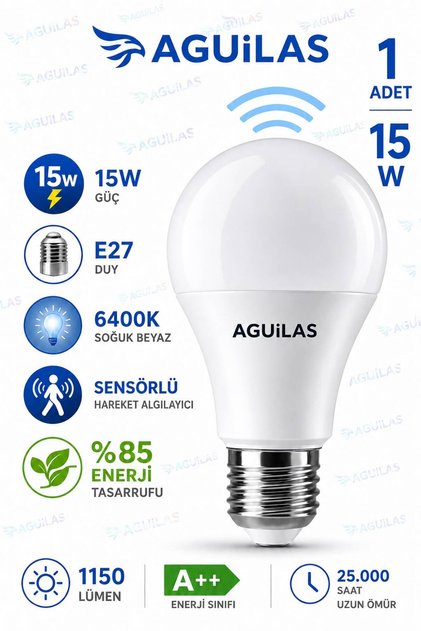 Hareket Sensörlü Led Lamba E27 Duy 15w 1150 lümen Işık Lamba A++ Otomatik Led Ampül Hareket Algılayıcılı