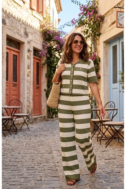 Summer Openwork Short-Sleeved Gold Button Cardigan Trousers Ribbed Knitwear Set