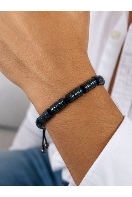 Hematite Natural Stone Men's Bracelet – Adjustable Macrame Cord Black Navy Blue Bracelet