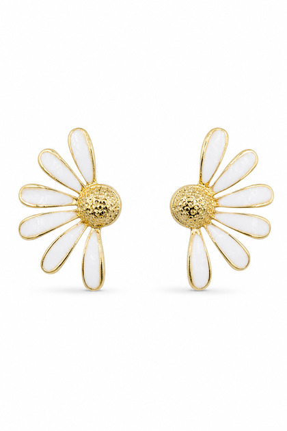 Daisy Design White Enamel Detailed Yellow Tone Women's Earrings