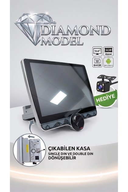 10.8 İnç Diamond Serisi Android Oto Teyp - 4GB RAM / 64GB - Single Din'den Double Din'e Dönüşebilen Multimedya (Geri Görüş Kamerası Hediye)