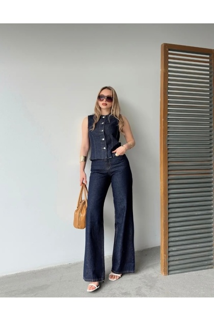 Kadın Koyu Mavi Denim Yelek ve Bol Paça Pantolon 2’li Takım – Şık Jean Kombin