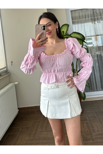 Pembe Balon Kol Büzgülü Bluz