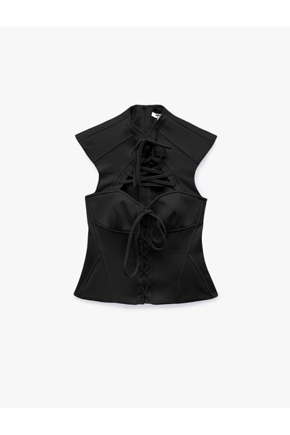 Slim Fit Sleeveless Window Detail Sweetheart Neck Lace-Up Satin Corset Bustier