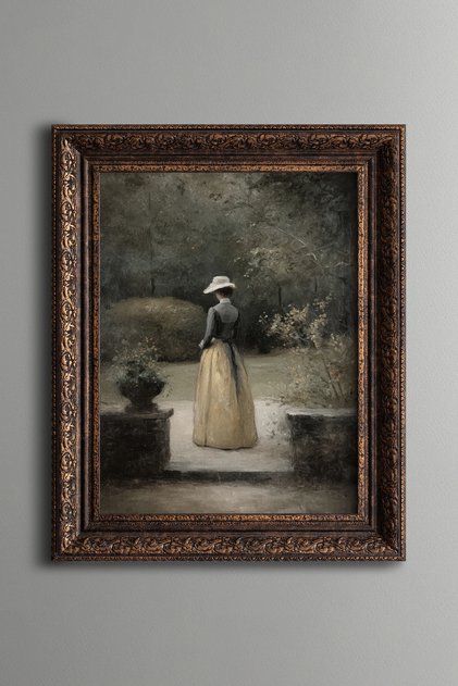 Woman in Hat Garden Scene - Vintage Patterned Painting - Thick Model