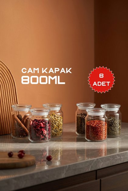 6’lı 800 ml Cam Kapaklı Kavanoz Seti Vakumlu Kapaklı Baharatlık Kavanoz Dolap İçi Organizer Mutfak Düzenleyici