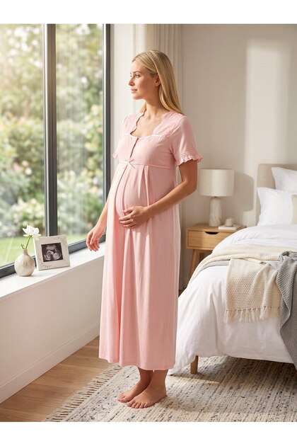 New Season Powder Linen Detailed Special Design 100% Cotton Maternity Nightgown with Breastfeeding Feature