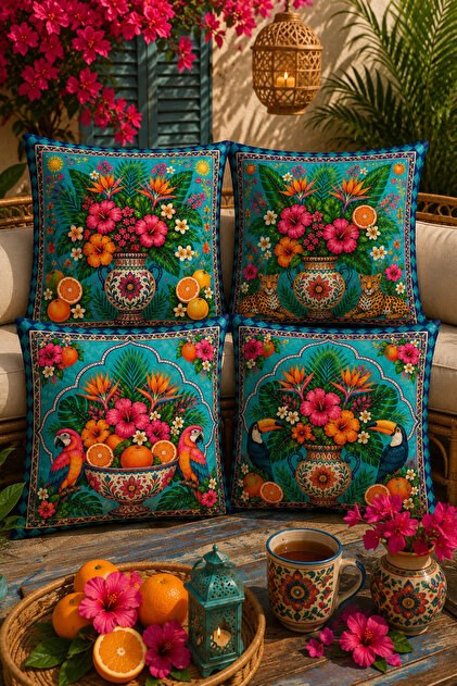 Set of 4 Tropical Decorative Throw Pillow Covers 43X43 cm Exotic Floral Pattern Digital Printed Bohemian Living Room Sofa Cover