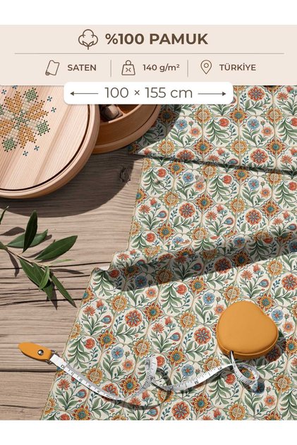 100% Cotton Satin Fabric 100X155 cm Cream Background Orange Green Geometric Floral Pattern Decorative Patchwork Fabric