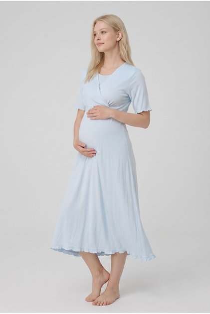 Women's Blue Double-Breasted Collar New Season Maternity Nightgown Set with Breastfeeding Feature