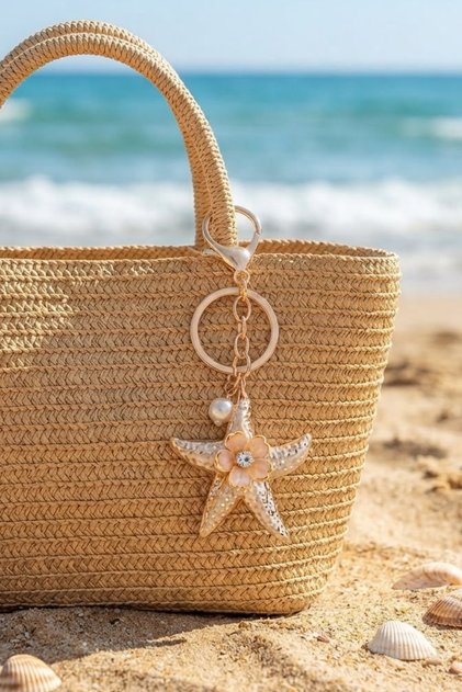 Women's Starfish Figured Keychain with Flower Detail and Bag Charm