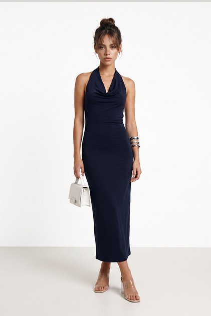 Degaje Yaka Summer Polyamide Dress Lub0340 Dark Blue