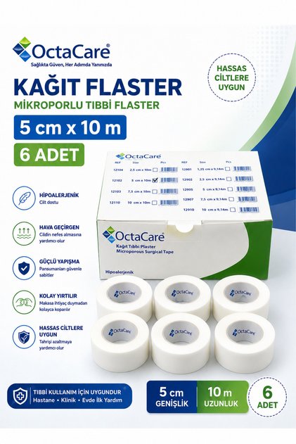 Kağıt Tıbbi Flaster 5 cm x 10 m Hipoalerjenik Mikroporlu Tıbbi Plaster 6 Adet / Paket