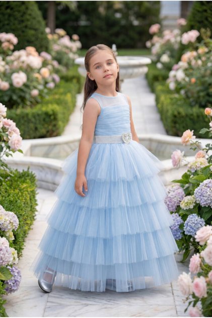 Girl's Evening Dress Layered Ruffle Tulle Long Princess Dress with Stone Buckle - Birthday, Party, Wedding, Graduation (3, 4, 5, 6, 7 Years) 35060Pr