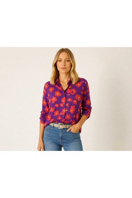Women's Purple Viscose Patterned Long Sleeve Buttoned Colorful Shirt