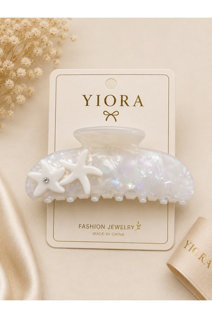 Women's Premium Series Imported Bone Acetate Starfish and Stone Detailed Hologram Color Non-Slip Buckle 10cm