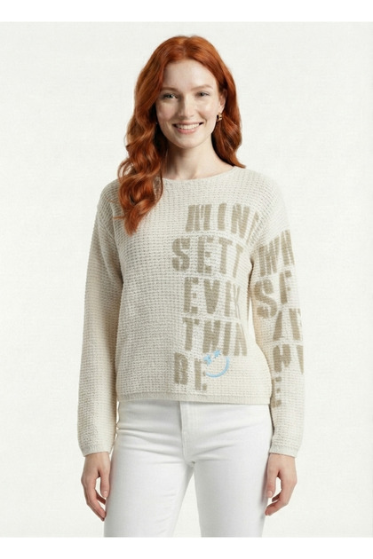 Women's Ecru Printed Knitwear Sweater