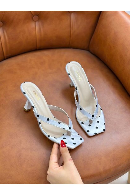 White Satin Black Polka Dot (Jayla) Flip-Flop Heeled Slippers