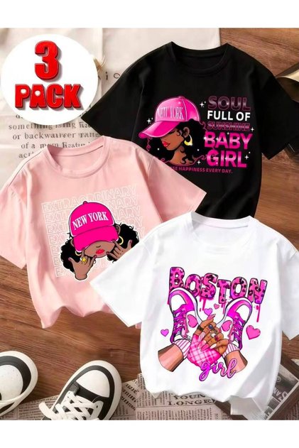 Girl's 3-Pack Baby Girl Boston New York Printed Crew Neck T-Shirt (Black-White-Pink)
