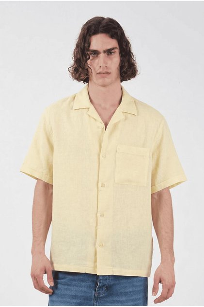 Short Sleeve Yellow Linen Shirt with Pockets
