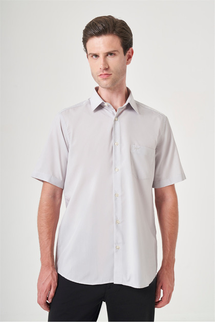 Stone Color Hard Collar Short Sleeve Pocket Comfort Fit Cotton Shirt 1004260258