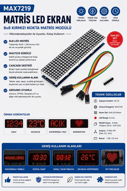 MAX7219 8×8 LED Matris Ekran Modülü – 4'lü Kırmızı LED Display, 5V Arduino Uyumlu