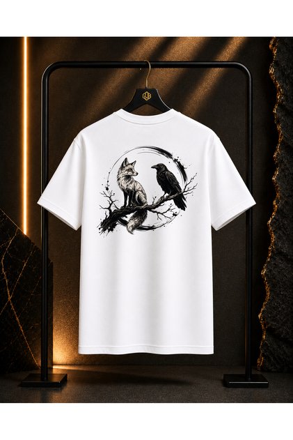 Unisex Fox and Crow Front and Back Printed 100% Cotton Oversize Crew Neck Short Sleeve T-Shirt White