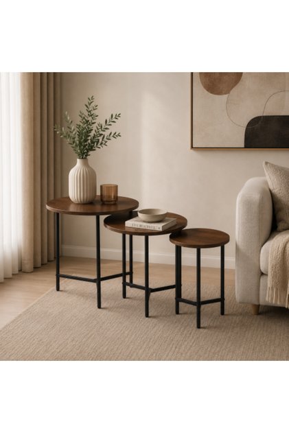 Modern Round Wood and Metal Service Table Set (1+3)