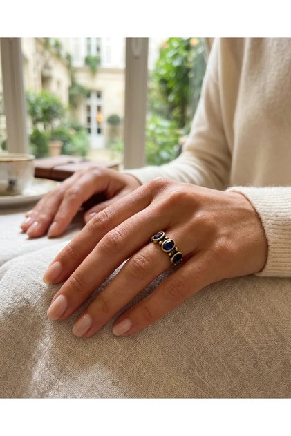 Navy Blue Stone Authentic Bronze Vintage Adjustable Women's Ring Special Design Jewelry