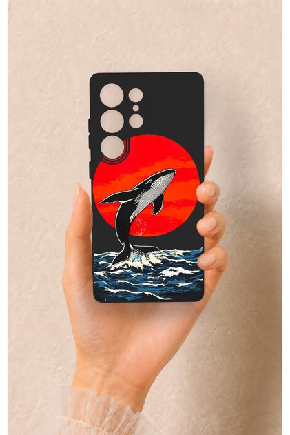 Samsung S25 Ultra Compatible Red Sun Whale Pattern Silicone Case