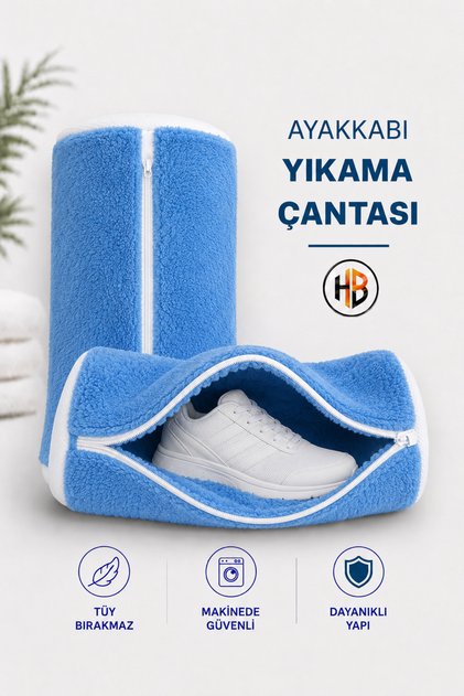Ayakkabı ve Özel Eşya Yıkama Çantası Fermuar Korumalı Mavi Renk Mikrofiber Peluş Kumaş Ayakkabı Yıkama Filesi