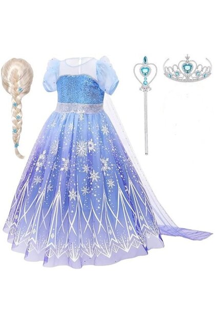 Costum Elsa Frozen pentru fete, rochie cu pelerină, perucă, coroană și baghetă, 5-6 ani, ®