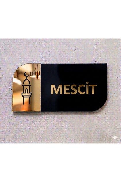 Mescit Kapı Tabelası | Kişiselleştirilebilir Siyah Pleksi Üzerine Gold Aynalı Pleksi Simgeli Yönlendirme Levhası 20x10 cm