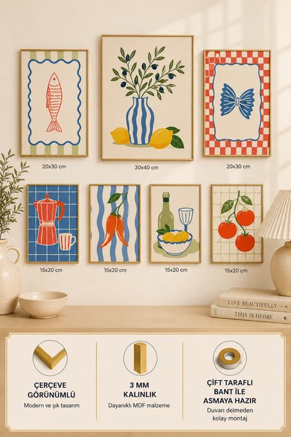 7-Frame View of the Mediterranean | Lemon | Olive | Modern | Italian & Mediterranean Style | Living Room, Office, Kitchen and Study Room Wall Decor