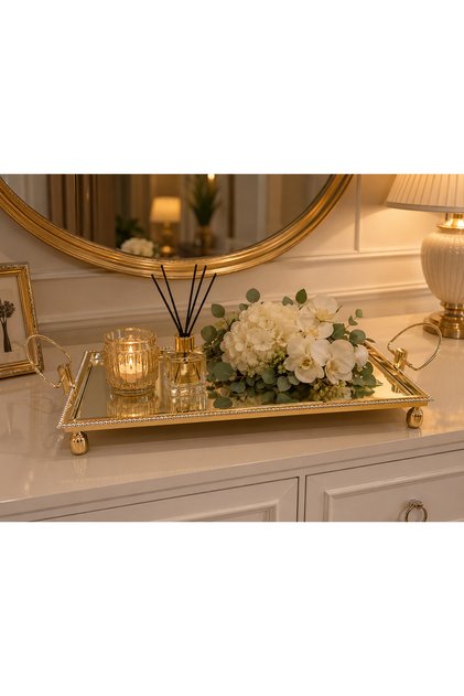 64 CM Devasa Büyük Dikdörtgen Metal Cam Jardinyer Aynalı Dekoratif Dressuar Üstü Sunumluk Eskitme 64X27X11