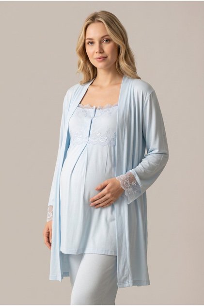 Women's Blue Lace New Season Maternity Pajama Set with Nursing Features and Dressing Gown
