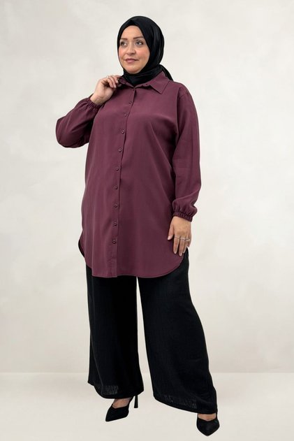 68067 Plus Size Cupra Shirt with Elastic Sleeves - Plum