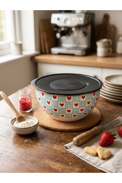 Red Heart Patterned Enamel Mixer Bowl - Salad and Dough Container with Plastic Leak-Proof Lid