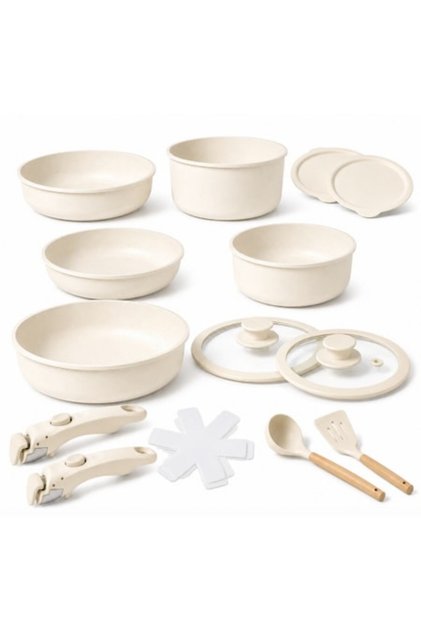 Set premium de 17 piese de vase de gătit, KASEVY ® Aluminiu turnat sub presiune, Strat ceramic premium, Mânere detașabile, Stivuibil, Compatibil cu inducția, gazul, electricitatea și cuptorul, Crem