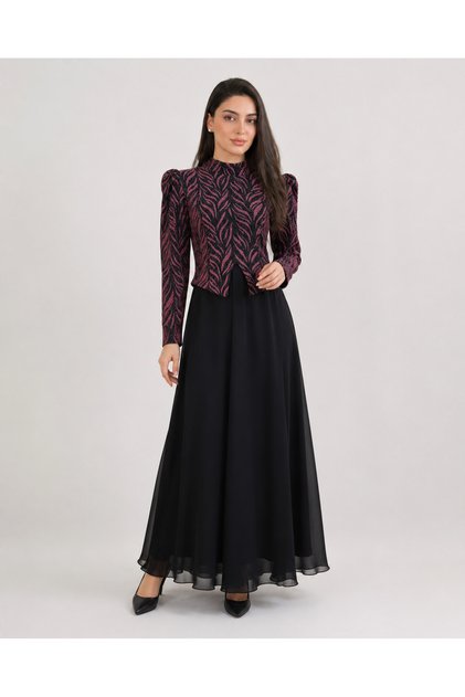 Black Evening Dress with Embroidery and Puffed Sleeves in Black