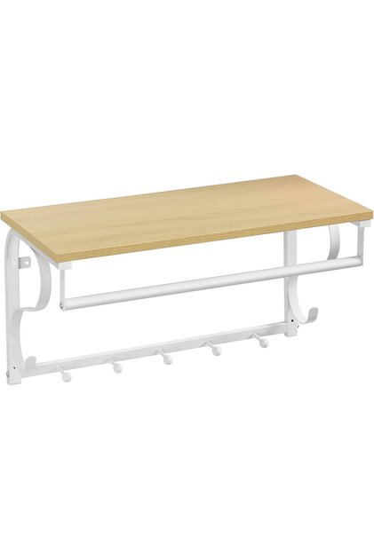 Cuier de perete cu raft, bară pentru umerașe și 5 cârlige, 60x30x32 cm, alb