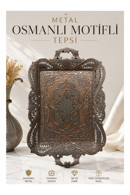 Metal Osmanlı Motifli Dekoratif Sunum Tepsisi 39x25 cm Gold Dikdörtgen Kahve İkram Tepsisi Şık Servis Tepsisi