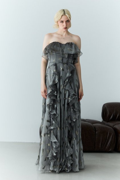 Anthracite Strapless Flounce Patterned Slit Chiffon Evening Dress