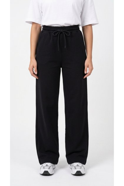 Women's Black Combed Cotton Palazzo Cut High Waist Wide Leg Lace-Up Elastic Waist Comfortable Casual Sweatpants