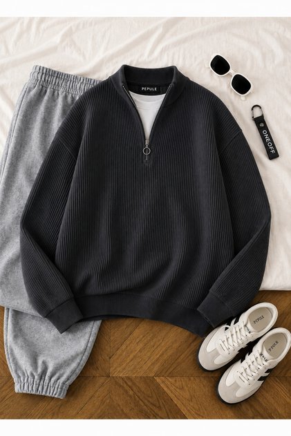 Men's Thessaloniki Knitted Half-Zip Knitwear Sweater High Collar Winter Thick Textured Modern Fit Premium Smoked