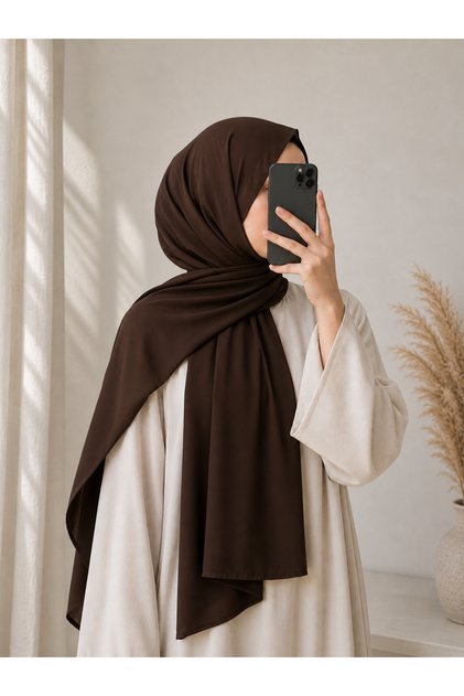 Acı kahve Medine İpeği Şal 70x180 cm – Dökümlü, Tesettür Şal