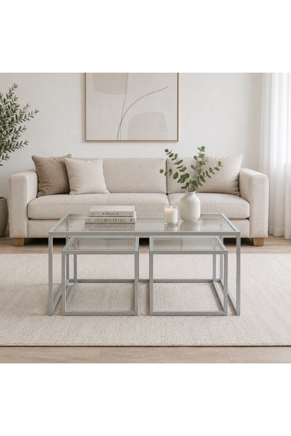 Loft Açık Gri 3 lü orta Sehpa Metal Çerçeveli Temperli Cam